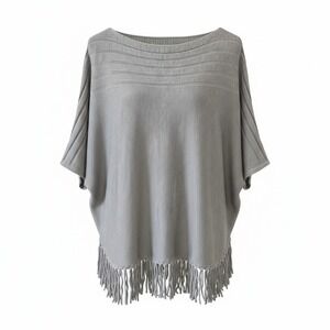 New Directions Women's Gray Shimmer Size L S/S Fringe Bottom Sweater